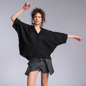 Linen Hooded Batwing Shirt, Loose Summer OEKO-TEX Certified  Linen Shirt by Aakasha  A92275