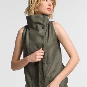 Linen Sleevless Top , Summer Linen OEKO-TEX Certified Tank Top , Summer turtleneck linen buttoned top , Linen clothing by Aakasha  A90465