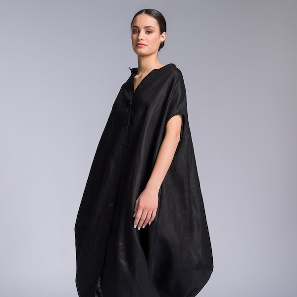 Linen  Cocoon Shirt Dress  Plus Size Summer Tunic Side Pockets Relaxed Fit Beach Maxi