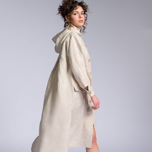 Linen Hooded Shirt Dress with Asymmetric Hem A92255