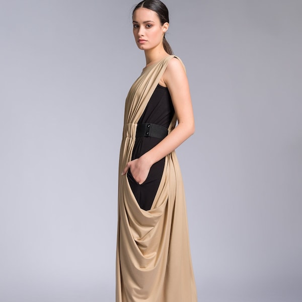 Maxi Dress / Military and Black Asymmetrical Kaftan /Extravagant Dress /Party Dress /Daywear Kaftan by AAKASHA A03497
