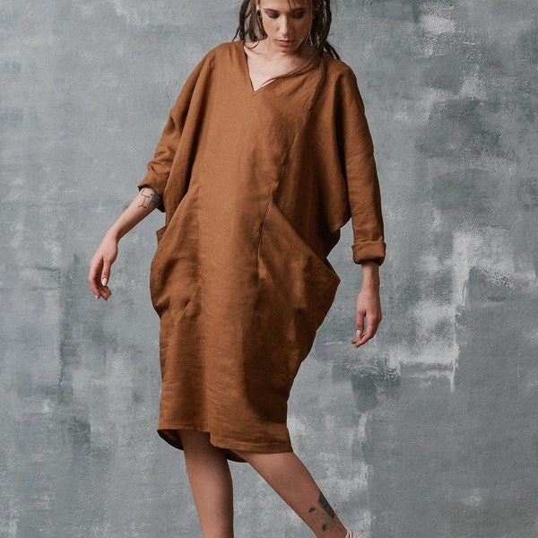 Midi Linen Dress with Large Pockets