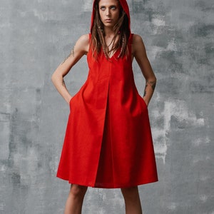 Linen Front Pleat Mini Dress with Hood and side pockets ,Plus Size Linen Mini Dress by Aakasha A92006