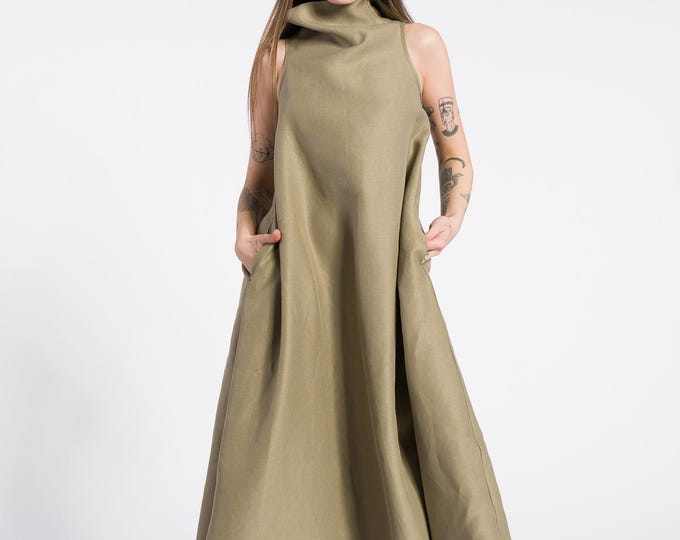 Linen High Neck Maxi Dress - Boho Summer Cocoon Dress, Plus Size Linen  OEKO-TEX Certified Clothing, Loose Fit Dress by Aakasha  A92318
