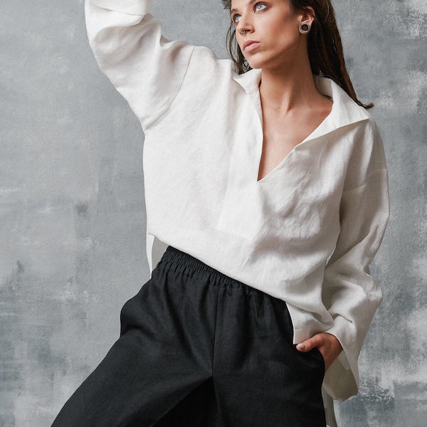 Oeko-Tex Certified Linen Summer V-Neck Shirt with Flared Sleeves - Sustainable Oversized Top