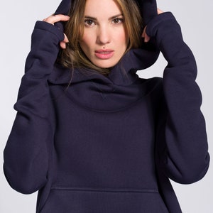 Asymmetric Cotton Fleece Maxi Hoodie, Thumb Hole Sleeves Kangaroo Pocket