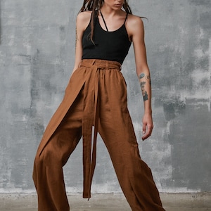 NEW Loose Linen Pants / Wide Leg Pants /Extravagant Trousers Side Pockets / Belt and wide elastic waistline /HandMade by Aakasha