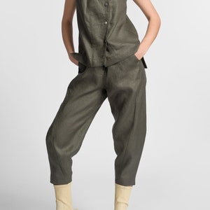 Linen Summer Crop Pants Curved Leg Linen Pants  Plus Size Elastic Waist  Linen Pants A92115