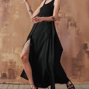 Linen Summer Sleeveless Mixed Dress with Belt, Plus Size Linen Boho Dress