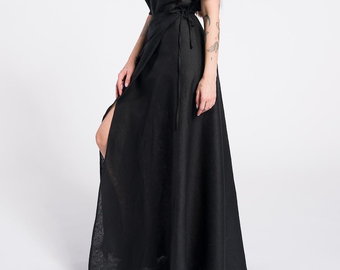 Black Linen Maxi Skirt, Plus Size Wrap Skirt, Summer Linen Skirt, Plus Size Linen Clothing, Handmade by Aakasha
