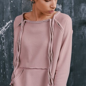 NEW Spring Ash Rose Extravagant  Asymmetric Cotton Sweatshirt /Thumb holes sexy zipper on shoulders / Front Pocket  by AAKASHA A08310