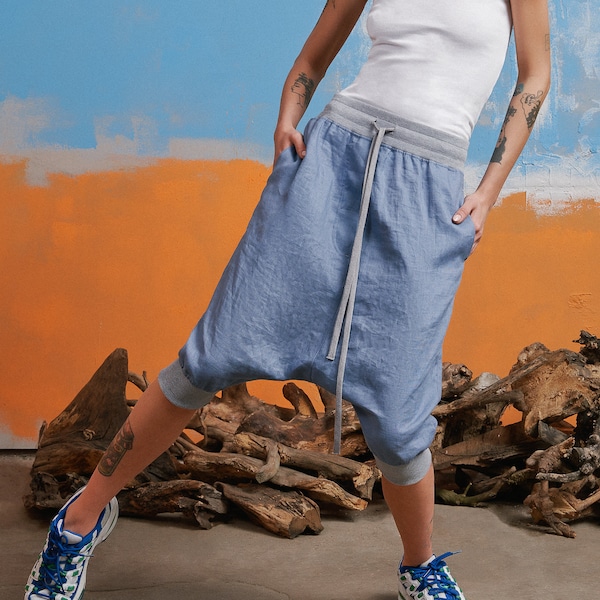 Pantaloni da jogging in lino con cavallo basso - Pantaloni estivi boho sostenibili, casual, larghi e traspiranti