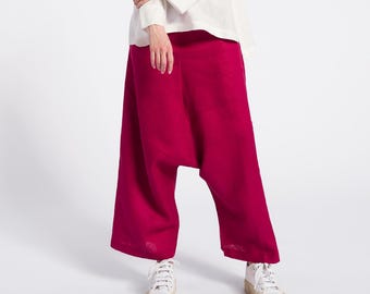 Linen Drop Crotch Pants Wide Leg Boho Trousers Oversized Oeko-Tex Certified Sustainable Summer Harem