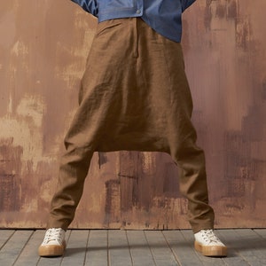 Linen Drop Crotch Pants , Pants with pockets , Loose light weight oversized  pants