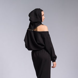 Hooded Cotton Midi Dress, Zippered Shoulders, Elastic Waist Side Pockets