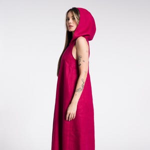 Linen Dress  Maxi Hooded dress , Sleeveless Summer Gown with pockets