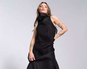 Linen Maxi Dress, Sleeveless High Neck Cocoon Dress, Plus Size Side Pockets