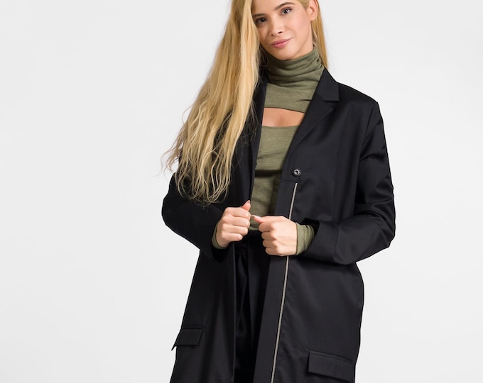 Zippered  Black Trench Coat / High Quality Cold Wool Lined Coat / Extravagant  Asymmetrical  Trench by Aakasha A10153