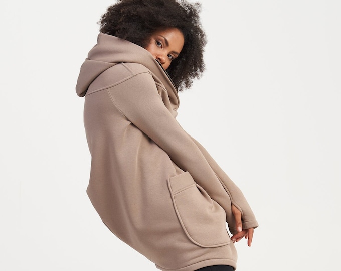 NEW Lined Warm Asymmetric Extravagant Cappuccino Hooded Coat / Quilted Lined Cotton Jacket / Thumb Holes / Outside and Inside pockets A07177