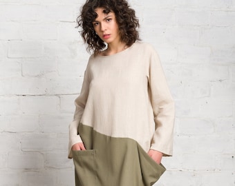 Linen Maxi Dress, Two-Tone Baggy Bohemian Gown with Pockets