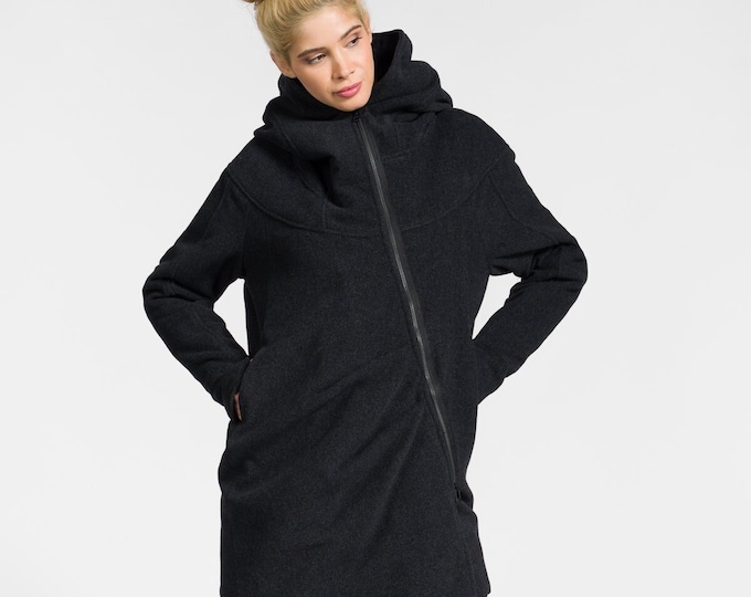 Extra Warm Quilted Winter Asymmetric Extravagant  Hooded Coat/ Wool/Cashmere Blend/ Double Zipper/Large Pocket Coat A07337