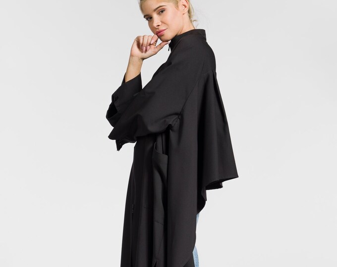 Asymmetrical Long Front Shirt Jacket – Short Back Zip-Up Top, Avant-Garde Lightweight Layering Piece, Urban Style by Aakasha A90271