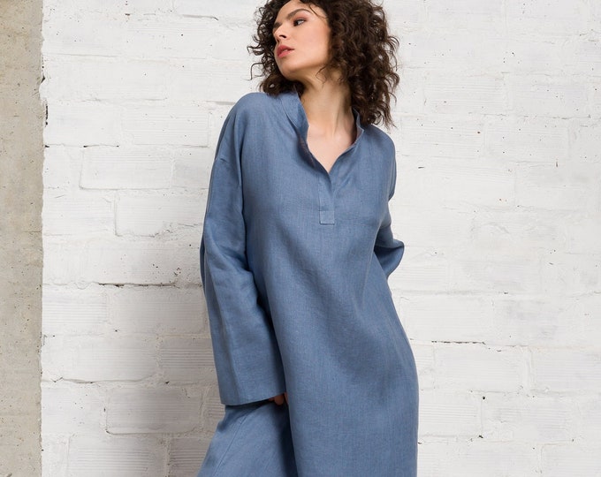 Linen Maxi Loose Dress, Relaxed fit linen shirt dress A92134