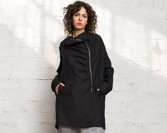Plus Size Linen Jacket, Asymmetric Zipper Trench, OEKO-TEX Certified Side Pockets