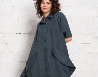 Linen Maxi  Dress with Flap Pockets, Plus Size Summer Long Shirt