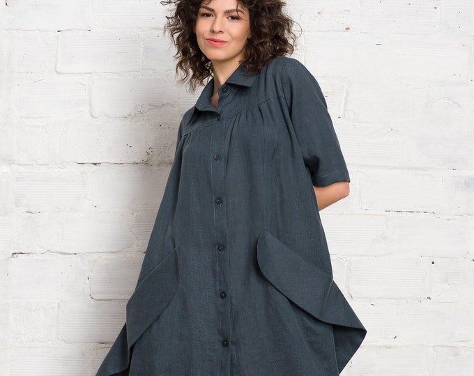 Linen shirt dress with flap pockets A92133
