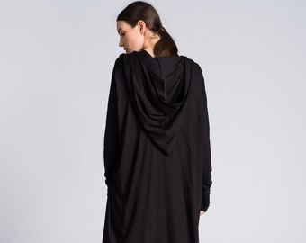 Hooded Jersey Midi Cardigan: Loose Plus Size Draped Cardigan