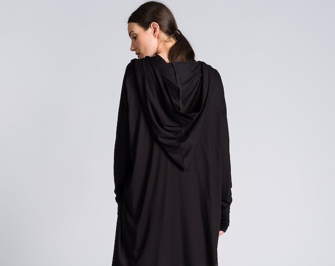 Hooded Jersey Midi Cardigan ,Loose hooded plus size cardigan  A10039