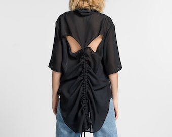Black Chiffon Extravagant  Loose  Black Shirt/ Asymmetrical shirt/ Oversize Summer  Top A11116