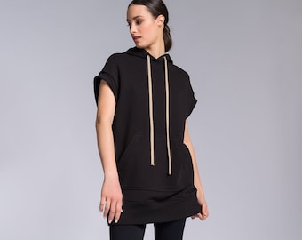 Drop Shoulder Sleeveless Hoodie, Cotton hooded tunic  A92244
