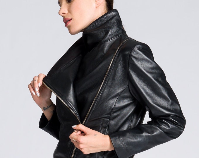 Asymmetric Zipper Leather Jacket A92073