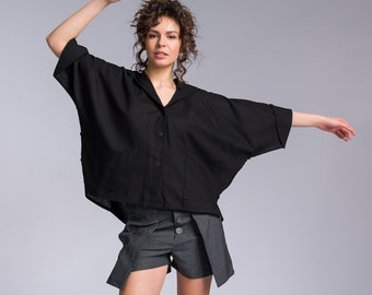 Linen Hooded Shirt, Loose Batwing Sleeve, OEKO-TEX Certified
