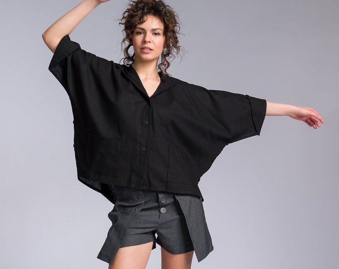 Linen Hooded Batwing Shirt, Loose Summer OEKO-TEX Certified  Linen Shirt by Aakasha  A92275