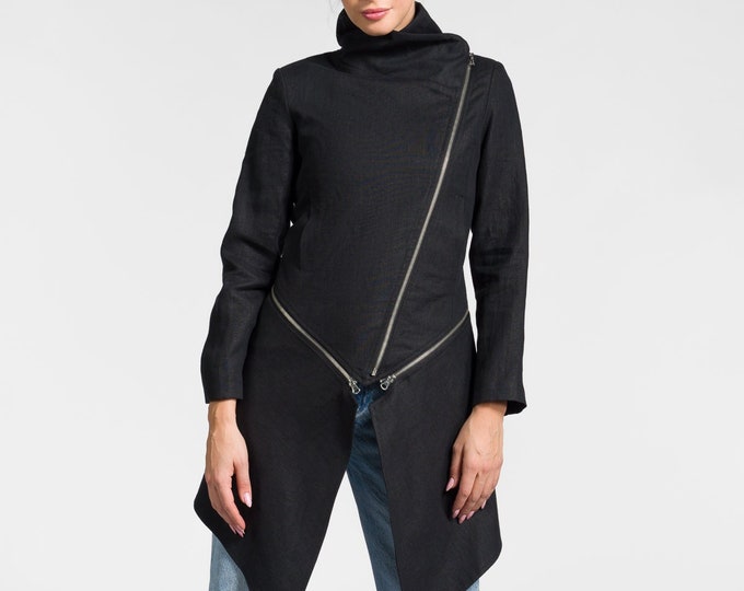 Linen Zipper Trench , Detachable Basque Waistline Blazer with YKK Zippers and pockets  A92076
