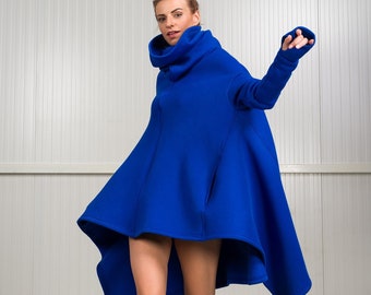 Royal Blue Fleece Cotton Asymmetrical Top, High Collar Pullover, Thumb Holes Side Pockets