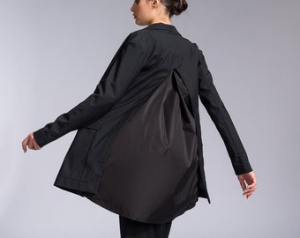 Black Trench Blazer with Back Detail Casual Long Jacket Relaxed Fit with Pockets
