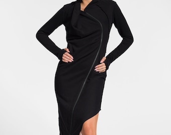 Cotton Zipper Midi Draped Dress , Asymmetric Long-sleeved Sweatshirt Dress A92072