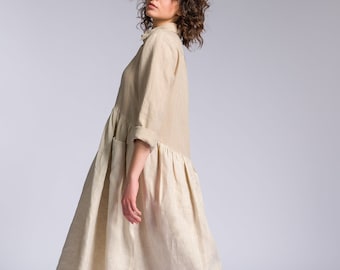 Plus Size Linen Shirt Dress, Bohemian Baby Doll Style A92256
