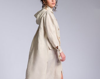 Linen Hooded Shirt Dress with Asymmetric Hem A92255