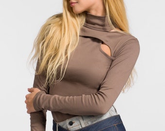 Halter Neck CUT-OUT TOP, Fitted Turtleneck Top, Long Sleeve Blouse by Aakasha A92060