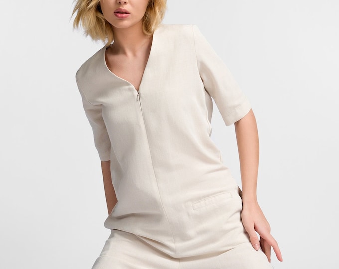 Summer Linen Jumpsuit , Front Zipper Linen Jumper , Mini Linen Overall handmade by Aakasha