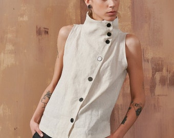 Sleeveless Linen Buttoned Top A90465