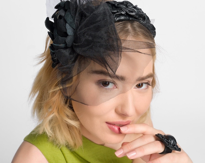 Leather Headband with tulle flower detail A92125