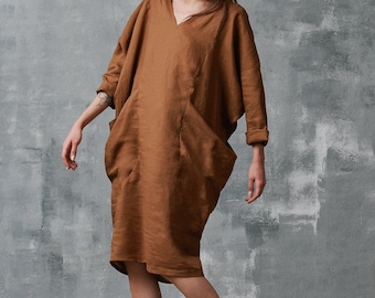 Plus Size Linen Midi Dress, Oversized Summer  Dress with Large Pockets