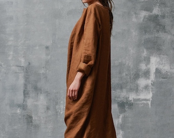 Linen Maxi Dress Oversized Bohemian Style Plus Size with Slit Pockets Summer Tunic