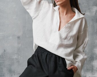 V Neck Linen Summer Shirt , lFlared Sleeves Linen Shirt, Losse  OEKO-TEX Certified  Linen Top Handmade by Aakasha